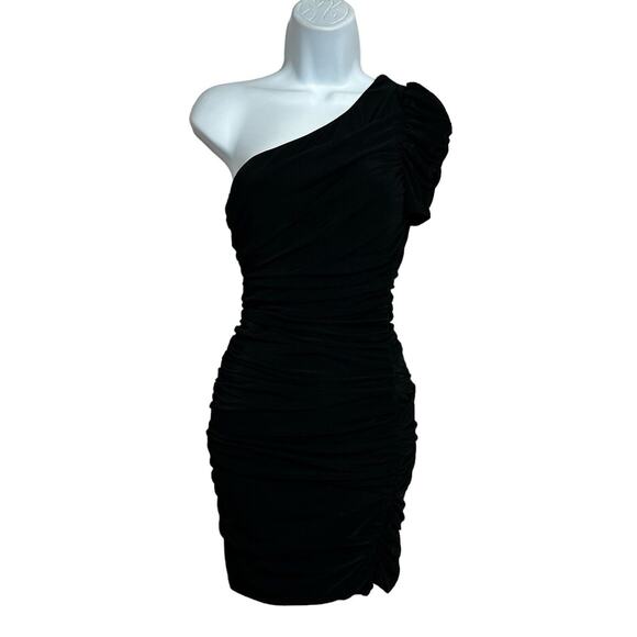 Twenty One Black Ruched Dress Sz M One Short Sleeve Fitted Mini Party Evening - Picture 7 of 7